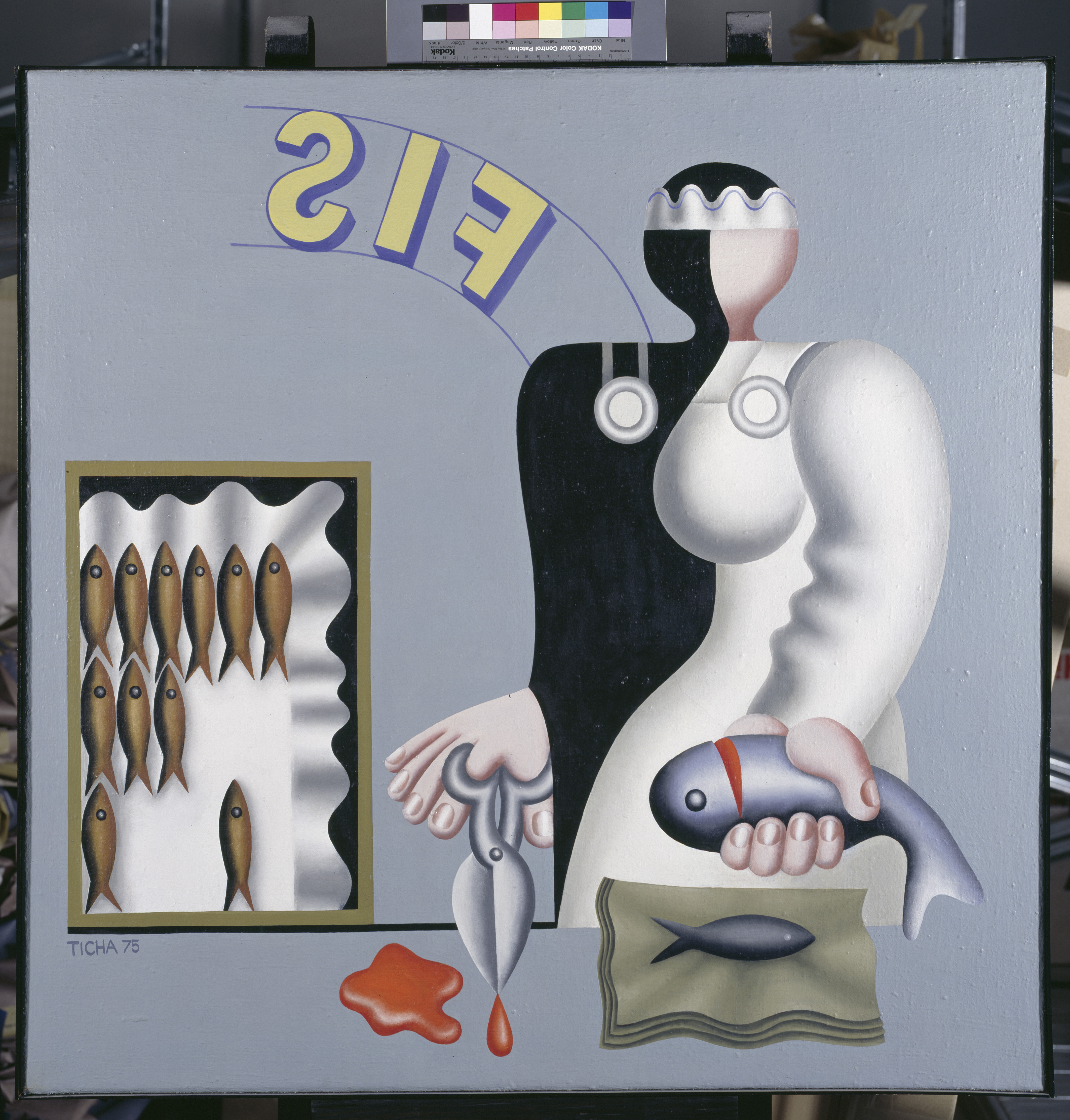 Hans Ticha: Fischverkäuferin I, 1975, Öl auf Leinwand, 100 x 100 cm, bpk / Nationalgalerie, SMB / Andres Kilger, © Hans Ticha, VG Bild-Kunst, Bonn 2025