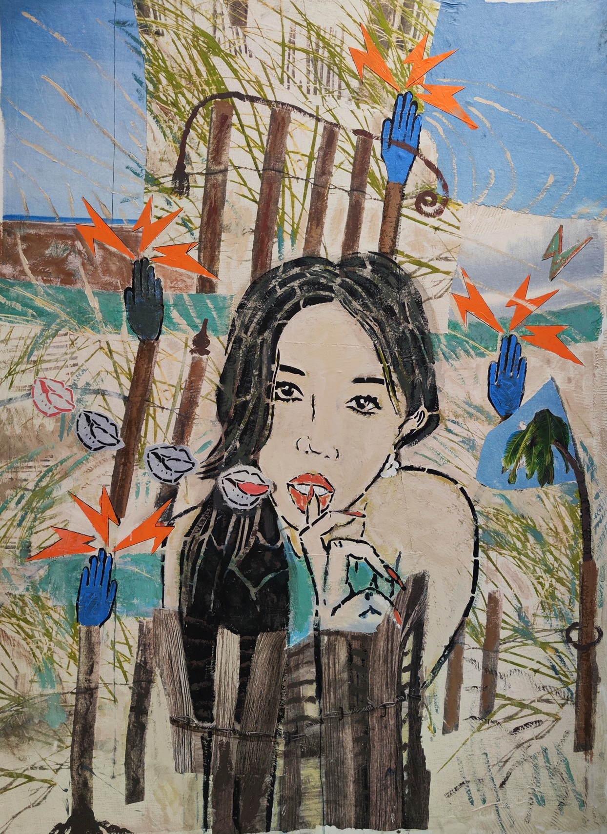 Oskar Manigk
(geb. 1934 in Berlin, lebt und arbeitet in Berlin und Ückeritz/Usedom)
Strandereignis, 2024
Collage und Acryl auf Leinwand 190 × 140 cm
Leihgabe des Künstlers

Foto: Kunsthalle Rostock
© VG Bild-Kunst, Bonn 2025