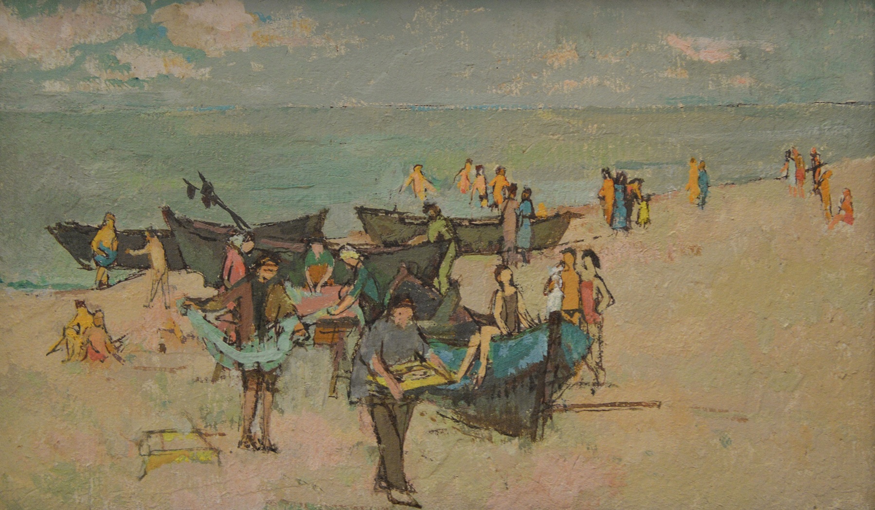 Otto Manigk
(1902 in Breslau, heute Polen–1972 in Ückeritz/Usedom)
Arbeit und Erholung II (Am Fischerstrand), 1953/54
Öl, Tempera auf Karton 20 × 32 cm
Sammlung Kunsthalle Rostock
Erworben aus dem Nachlass des Künstlers, 1977

Foto: Kunsthalle Rostock
© VG Bild-Kunst, Bonn 2025
