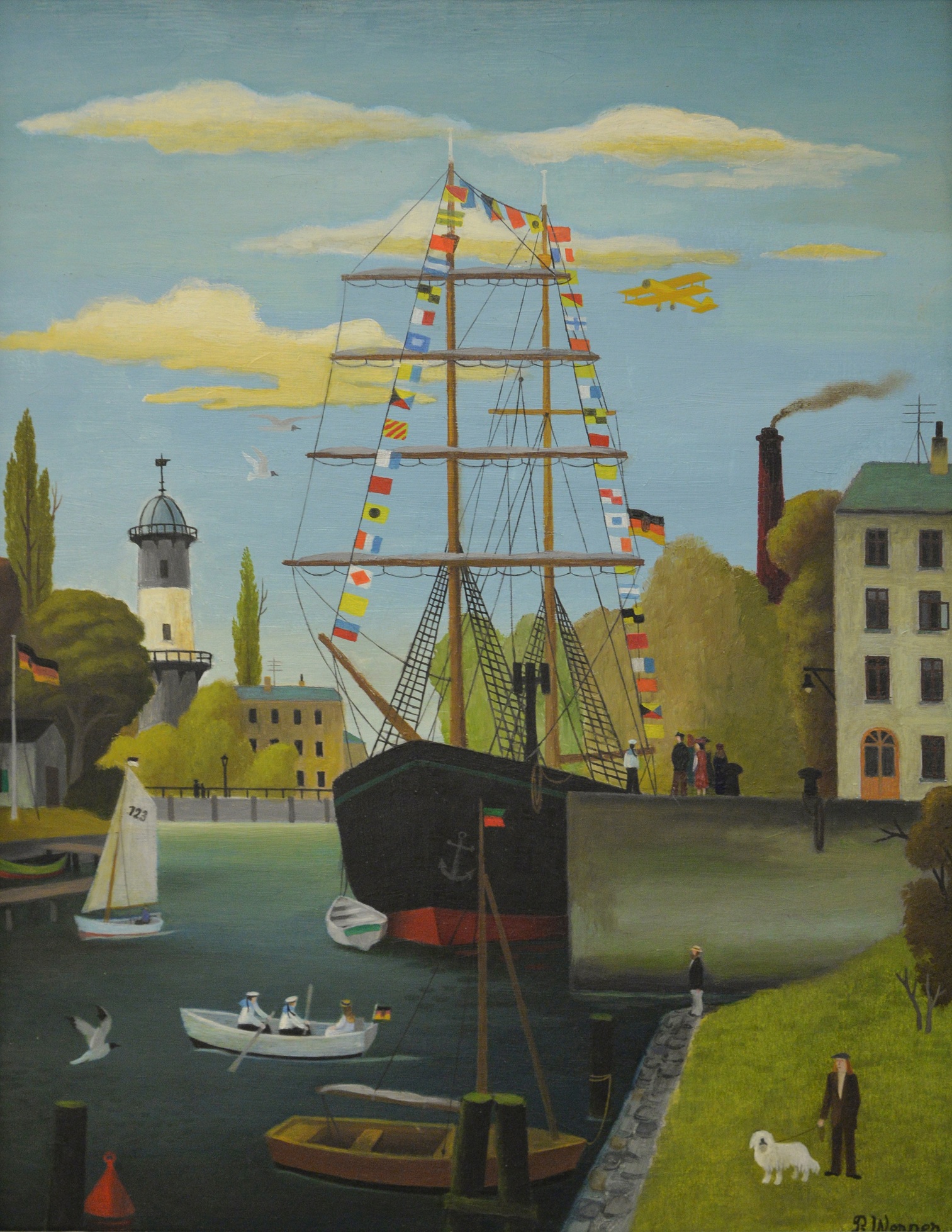 Rolf Werner
(1916 in Leipzig–1989 in Bansin/Usedom)
Hafenlandschaft, 1984 Öl auf Harfaser
47,5 × 37,0 cm
Sammlung Kunsthalle Rostock
Erworben aus dem Nachlass des Künstlers, 1990

Foto: Kunsthalle Rostock
© VG Bild-Kunst, Bonn 2025
