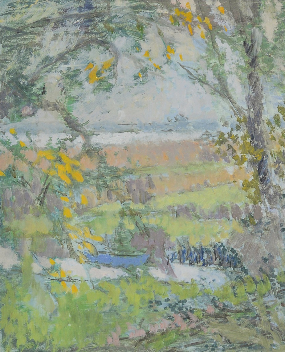 Sabine Curio
(geb. 1950 in Ahlbeck/Usedom, lebt und arbeitet in Stolpe/Usedom)
Blick aufs Haﬀ im Herbst, 1990 Öl auf Harfaser
50 × 40 cm
Sammlung Kunsthalle Rostock Erworben von der Künstlerin, 1990

Foto: Kunsthalle Rostock
© VG Bild-Kunst, Bonn 2025