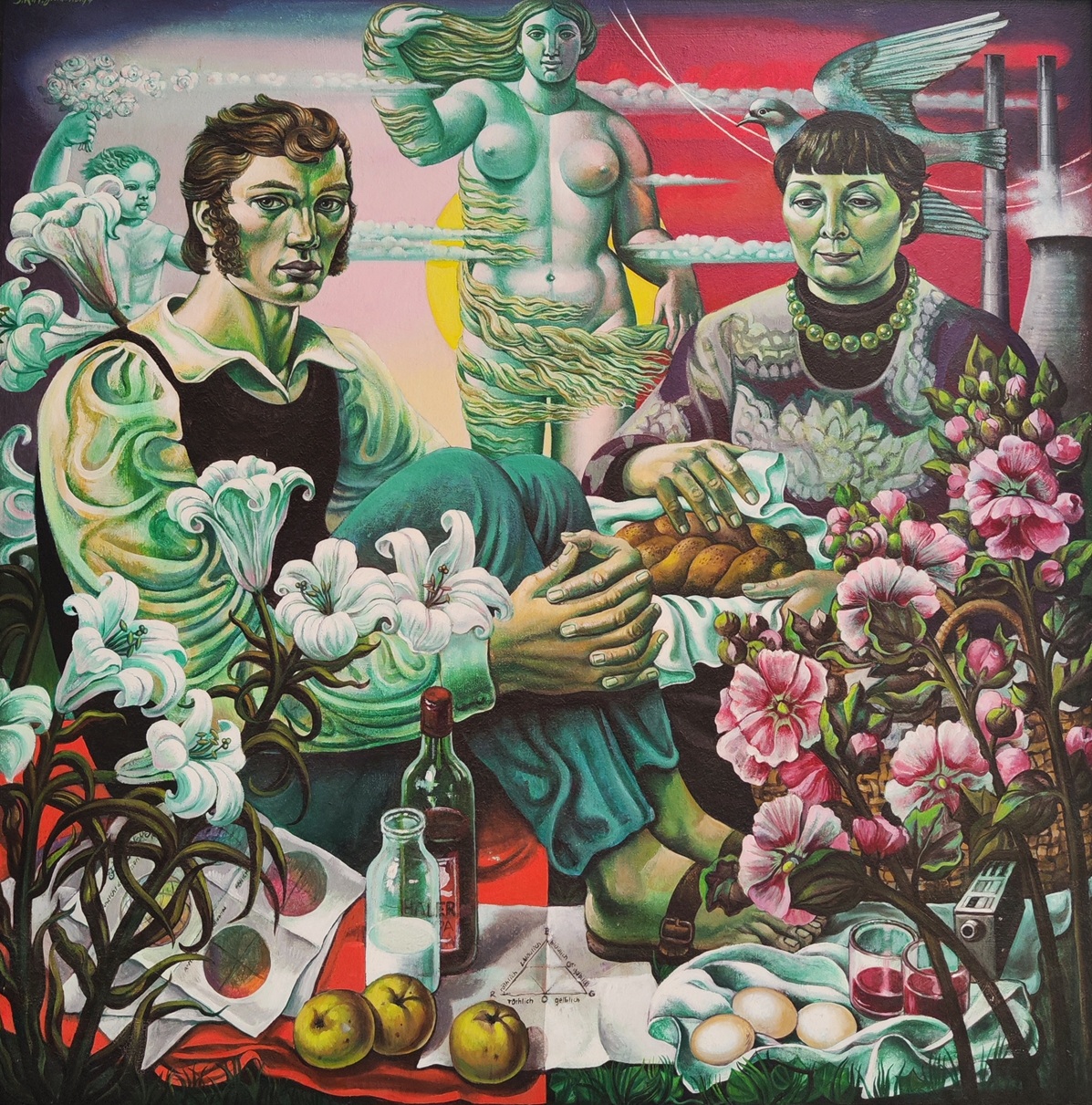 Susanne Kandt-Horn
(1914 in Eisenach–1996 in Wolgast)
Frühstück mit Runge, 1977 Öl auf Harfaser
118 × 118 cm
Sammlung Kunsthalle Rostock
Übereignet durch den Rat des Bezirks Rostock, 1981

Foto: Kunsthalle Rostock