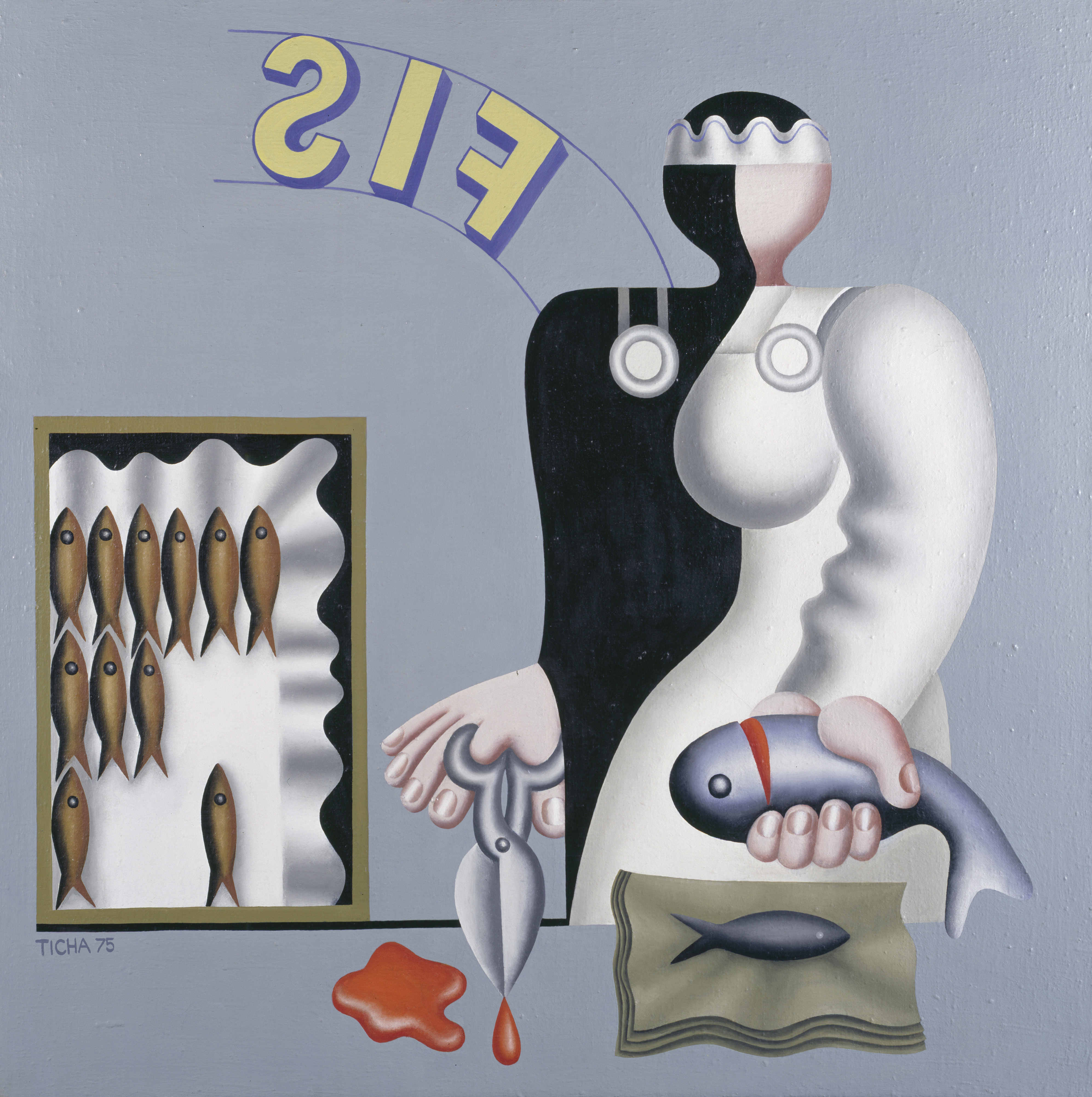 Hans Ticha: Fischverkäuferin I, 1975, Öl auf Leinwand, 100 x 100 cm, bpk / Nationalgalerie, SMB / Andres Kilger, © Hans Ticha, VG Bild-Kunst, Bonn 2025