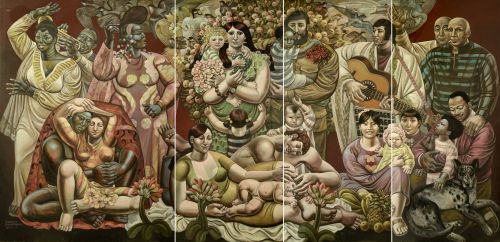 Susanne Kandt-Horn, 
Eines Tages werden die Menschen wie Brüder leben, 1974/75
Öl auf Spanplatte
170 × 345 cm
Kunsthalle Rostock

Bildnachweis: © Susanne Kandt-Horn, VG Bild-Kunst, Bonn 2026, Foto: Kunsthalle Rostock