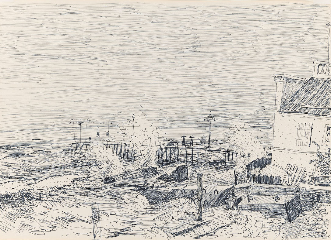 Wolfgang Mattheuer
Am Schwarzen Meer bei Sturm (Hafen Xosta), 1961
Kugelschreiber
23,3 × 33 cm
© VG Bild-Kunst, Bonn, 2026
Foto: Galerie Schwind, Leipzig