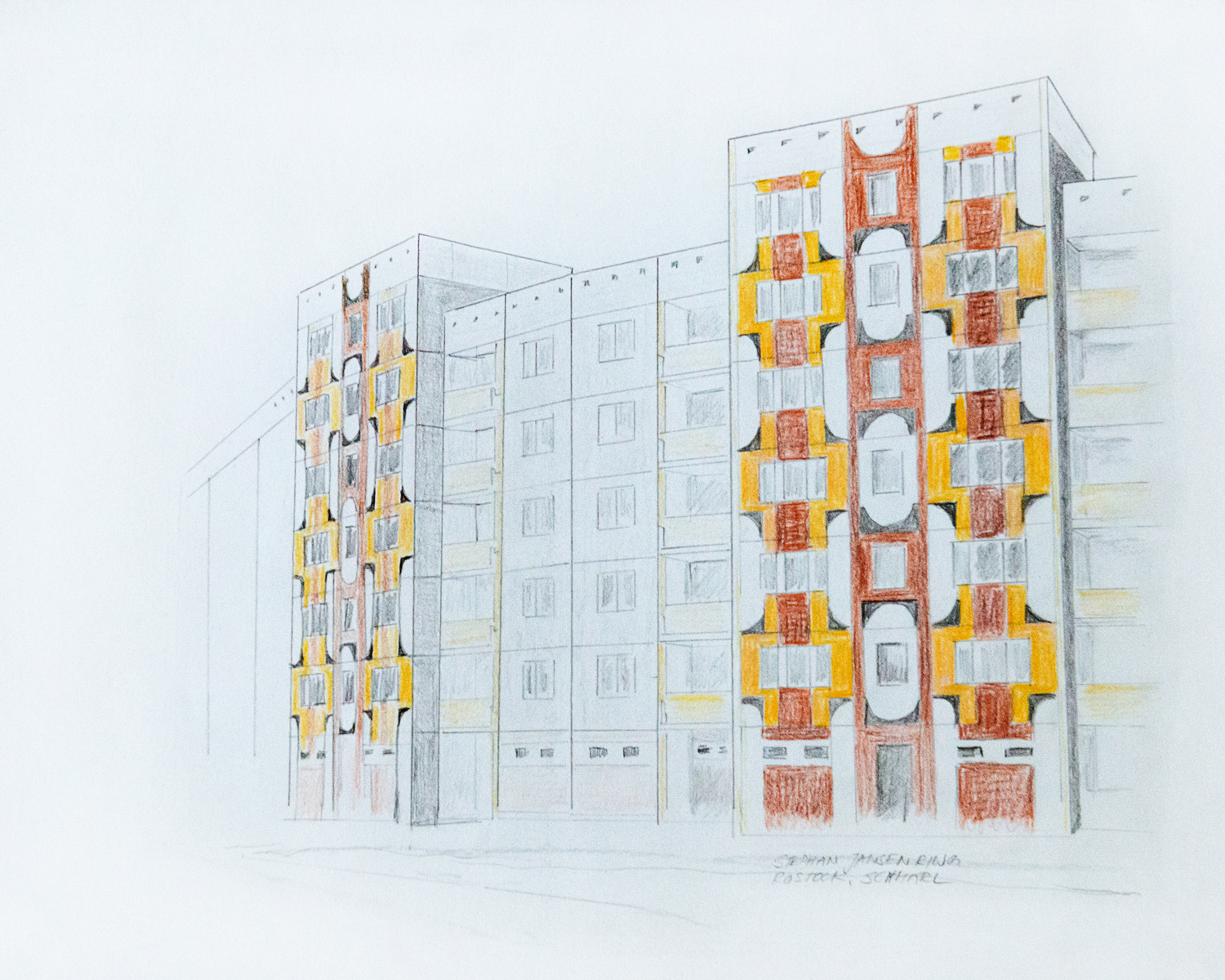 Wenke Seemann
Schmarl Blatt #1, 2022,
Zeichnung, aus der Serie Fassaden,
35 × 28 cm
© Wenke Seemann